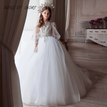 Illusion Puff Long Sleeves Dresses For Girls-цвете без гръб Sequins Applique Wedding Party Children Gown рокля за момичета