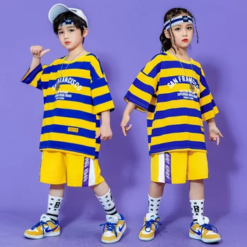 Детски модни дрехи в стил хип-хоп, лятна детска раирана тениска в корейски стил, джаз танц костюм за момичета, хип-хоп за момчета