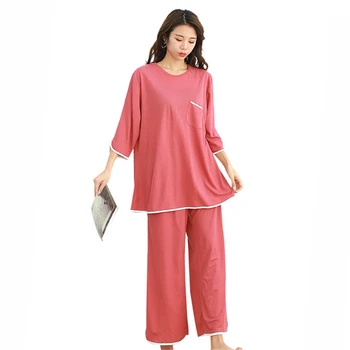 Пижами костюм за домашен обслужване на дами на мазнини мм дреха от две части, широки панталони костюм памук свободни пижами жени