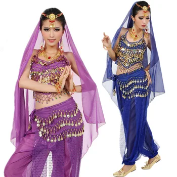 2022 най-Новият Болливудский Индийски Танц на Корема Костюми За Жени Евтини Цени Комплект от 5 теми Жена Топ + Панталон + Колан + Завеси + Прическа