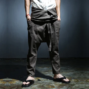 28-38! 2015 мъжка мода мозайка коноп, памук, тесни панталони, панталони с висока талия чрез шнурове големи зреещи панталони ds певицата костюми