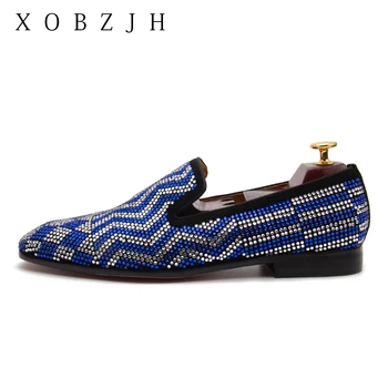 XOBZJH/ Дизайнерски ежедневни обувки, мъжки лоферы с Кристали, Високо Качество, 2020 г., Вечерни модел обувки за Абитуриентски бал, Сватба парти, Черни, Сини обувки