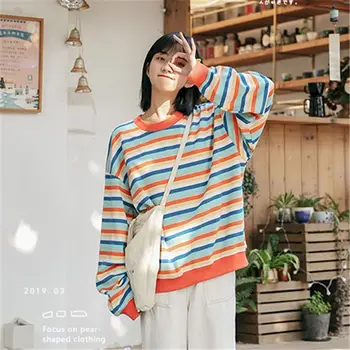 Пролетно-есенен женски Пуловер с дълъг ръкав, Райе, корейската версия на Свободната студентска якета с Голям размер, един женски тънък топ Tide Ins