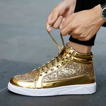 Модни Мъжки Обувки със Златни пайети, Мъжки Ежедневни Обувки На равна Подметка, Корея, Ежедневни Обувки За Улични Танци, Мъжки маратонки с най-Високо берцем, Zapatillas Hombre