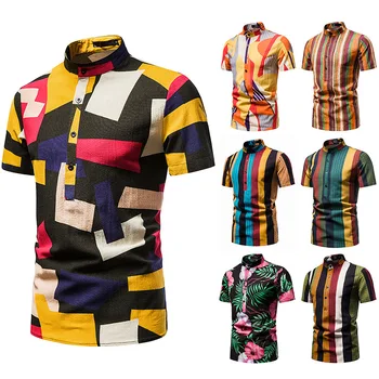 Модерно Мъжко Бельо Риза В Етнически Стил С Къс Ръкав И Цветен Модел, Летни Извънгабаритни Хавайски Пуловери, Ризи За Мъже, Camisa Hawaiana Hombre
