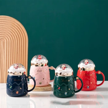 Нетоксични Коледни Чаши Керамични Фигурки на Дядо Коледа с Капак за Горещ Шоколад, Сладолед, Кисело мляко, Десерти Закуски