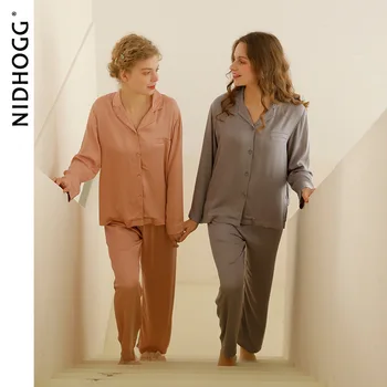 2021 Дамски Однотонная сатен пижама с дълъг ръкав, пресни однотонная и чиста пижама, пижама с ревера от Вискоза, дрехи за почивка от две части