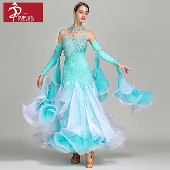 1 бр./лот, жена синя рокля за балните танци с кристали, женствена секси рокля, за валс с отворен гръб и накъдрен