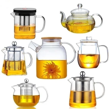 Дропшиппинг Топлоустойчива Стъклена кана Различни Стилове Горещи Чаени Сервизов Прозрачна Кана Цвете Puer машина За заваряване на Чай