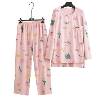 Начална памучен пижами, дамски пролетно-есенно-зимни пижами, панталони с дълги ръкави и принтом, костюм, с кръгло деколте, пижами голям размер, feminino