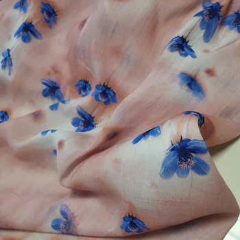 Един метър есента на нова чиста ленена кърпа Синьо цвете дигитален печат на плат Дизайнерски модерни платове за рокли по поръчка