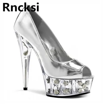 Rncksi/ модела обувки-лодка с отворени пръсти на висок ток 15 см, Пикантни женски обувки за парти в нощен клуб, обувки-лодка за танци на един стълб, Обувки-лодка на платформа 5 cm