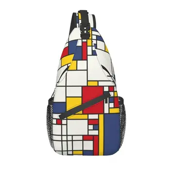 Piet Mondrian в Минималистичен De Stijl Прашка През Рамо Нагрудная Чанта Мъжки Ежедневни Съвременната Абстрактна Художествена Чанта на Рамото за Пътуване