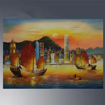 Ръчно рисувани на платно, масло Оригиналната хонг конг пристанище Виктория Пейзаж живопис декор изкуството на Китайските декоративни картини