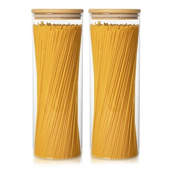 Стъклени Съдове за съхранение, Комплект от 2 Кутии за спагети от 71 грама с бамбукови капаци - Кухненски Съдове за съхранение на продукти за тестени изделия