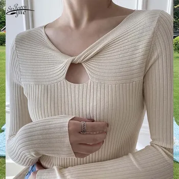 Офис женски шик кухи ханбок 2020 г., есента тънък обикновен вълнен зимен пуловер с v-образно деколте, секси жена вязаный 10806