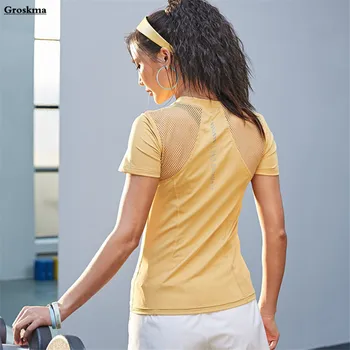 Бързосъхнеща женска риза за йога, мрежести лоскутные спортни потници за джогинг, дрехи за фитнес, тениска с къс ръкав, haut femme