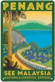 Изкуството на остров Пенанг, Малайзия - Източен и Ориенталски туристически плакат на 1950-те години - Реколта метална лидице табела с размери 8 x 12 см