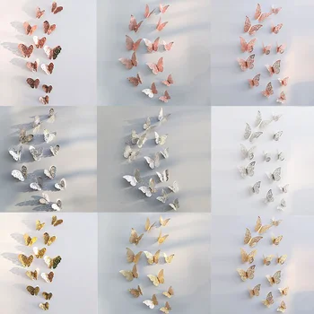 Кухи 3D стикери за стена с пеперуди се използват за сватбена украса декорация на дом, златни и сребърни етикети с пеперуди 12 бр.