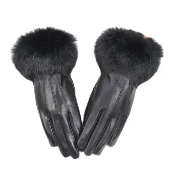 MK21 Ръкавици От Естествена Кожа, Супер Големи Ръкавици От Кожа Заек, Зимни Топли Сладки Черни Дамски Ръкавици Със Сензорен Екран, Ръкавици От Овча Кожа