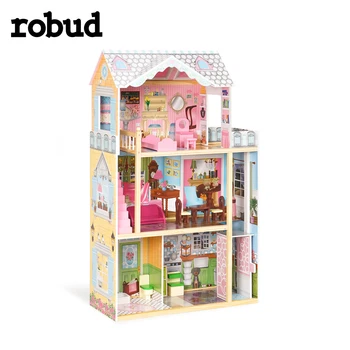 ROBUD Дървена Куклена Къща за Деца Миниатюрен Дом Моделиране Куклена Къща с Мебели, Сглобяване на Играчки, Детски Подаръци За Рожден Ден