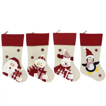 Големи Коледни чорапи 48 см, Имитация на лен, Дядо Коледа, Снежен човек, Лосове, Карикатура, с принтом, Коледен подарък, Украса за сладкиши