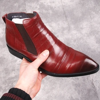Ботильоны Мъжки Обувки от естествена кожа Маркови Официални Мъжки Модела обувки и ботуши Черни Бордо Слипоны Мъжки обувки Челси