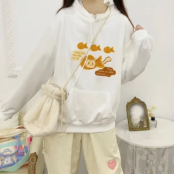 Корейски Сладък Карикатура Печат Hoody С Качулка За Жени Японски Удобен Пуловер Hoody За Момичета Kawaii Cat Големи Аниме Графичен Hoody