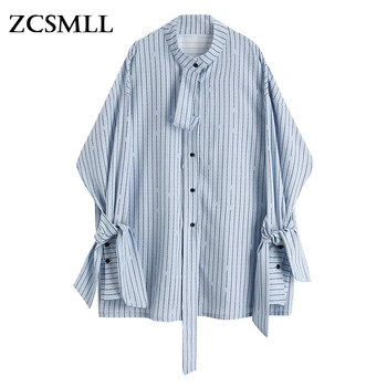 ZCSMLL Дамски синя раирана лента, Блуза голям размер, Нова-яка стойка, Дълъг Ръкав, Риза Свободно, Намаляване, Мода Пролет-Есен 2022 1Y891