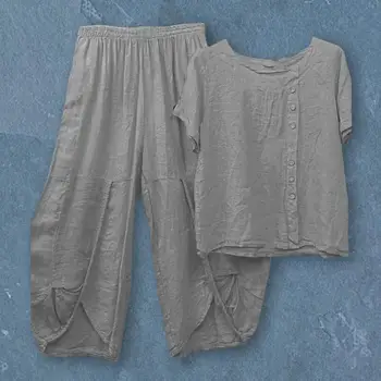 1 Комплект, Прост комплект от две части, Женска тениска свободно, намаляване, Комплект Панталони, Свободна риза в стил мозайка, Панталони