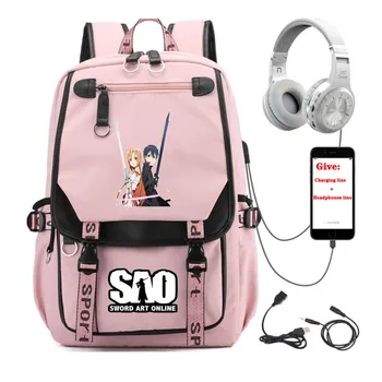 аниме Изкуството на Меча Онлайн раница студентски Училищна чанта За Книги Женски мъжки Раница За Пътуване USB Зареждане тийнейджъри Розова Раница За Лаптоп