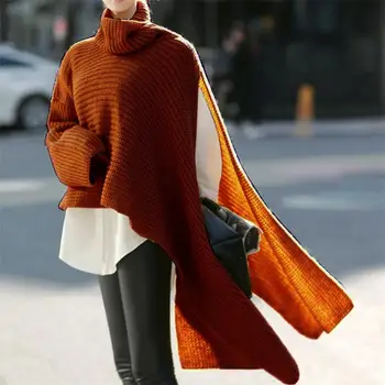 Горещи Продажба！Нов Прием На Поло С Един Дълъг Ръкав Плътен Цвят Асиметричен Пуловер Пуловер Нередовен Трикотаж Дамски Дрехи