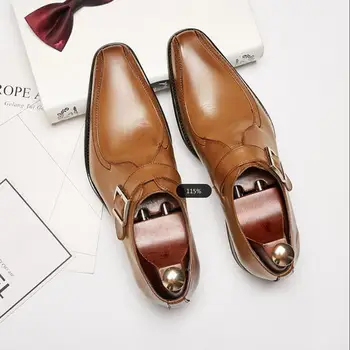 Висококачествени мъжки обувки с катарама, без шнур, от естествена кожа, Официална Ежедневни Бизнес Офис обувки, Размер 39-44