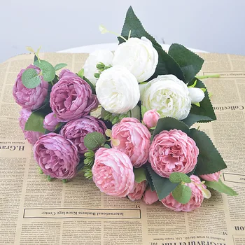 30 см Роза Розова Коприна Букет от Божур 5 Големи Глави 4 Малки Пъпка на Булката Сватбена Украса на Дома Фалшиви Изкуствени Цветя, Изкуствени Цветя