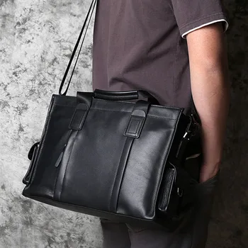 AETOO Бизнес кожена мъжка чанта на първия слой от телешка кожа, чанта за компютър, хоризонтален портфейл с голям капацитет, мъжка чанта на рамото