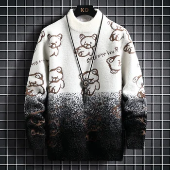 #5848 Зимата Мохеровый Пуловер, Мъжки Карикатура Harajuku Пуловер Пуловер Тънък Топло Букви Мъжки Вязаный Пуловер Тънък Модерен Корейски