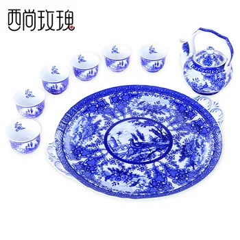 Точков глазурованный синьо-бял порцелан чай кунг-фу, чай и чиния, комплект чаени чаши