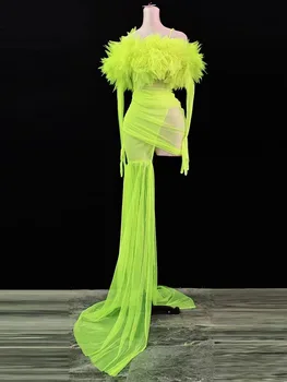 Рожден ден на бала празнуват облекло секси прозрачна дълга поредица костюм неон зелен окото цвете рокля вечерни нощен клуб с DJ костюм