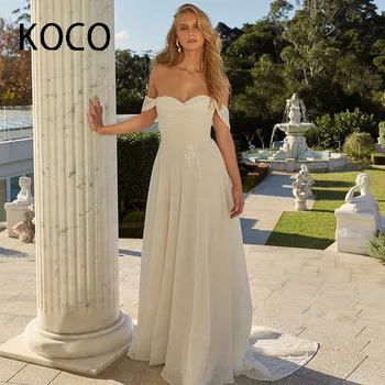 MACDOUGAL Vestidos De Новия Сватбена рокля Трапецовидна форма с открити Рамене, Лъскави Сватбени рокли с Аппликацией Чаена дължина на Поръчка