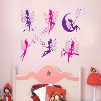 Карикатура Шест Малки феи стикер на стената за деца, момичета, начало декор, направи си сам, художествени достойнства, стикери, декорация, сладки етикети с елф