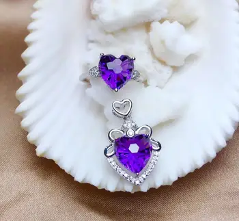 Виолетовият пръстен с аметистом и огърлица, комплект бижута от сребро 925 проба за жени, бижута, подарък за рожден ден, сърце, стил, Фев...