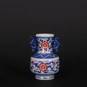 Китайски Син и Бял Порцелан Цин Цяньлун Червен Цветен Дизайн Ваза 2,8 Инча